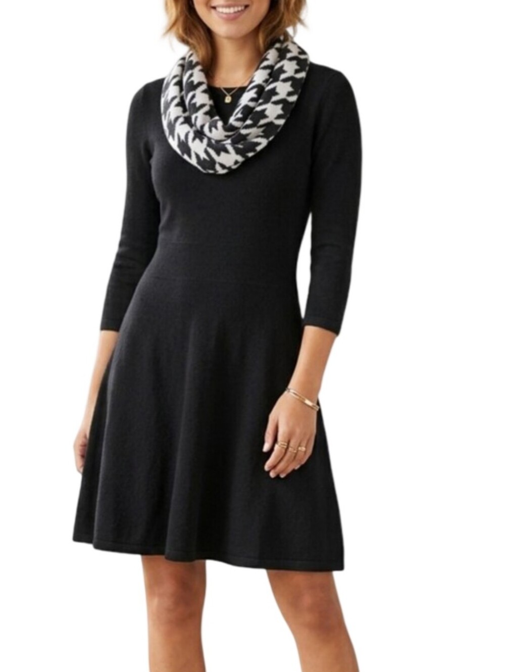 I.N. SAN FRANCISCO Black A Line Fit Flare Sweater Dress & Houndstooth Scarf